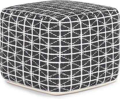 SIMPLIHOME Noreen Square Pouf - 18 inch Wide Upholstered Handwoven Cotton Ottoman in Slate Grey and White, Boho Footstool or Extra Seating for Living Room with Polystyrene Filling, Assembled
