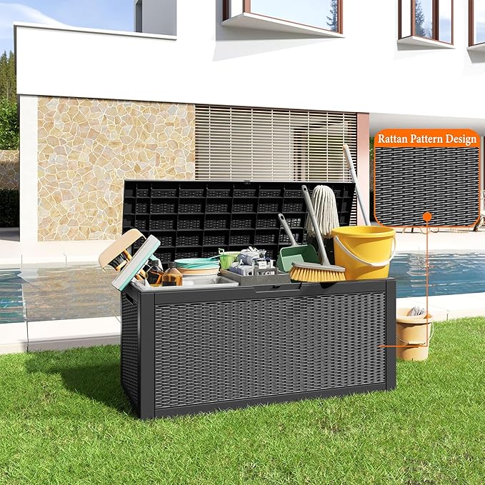 Deck Box, Black Resin Outdoor Storage, 100 Gallon Capacity