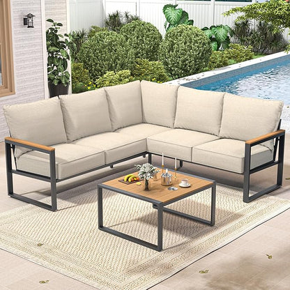 Metal Patio Furniture Set, 6 Pieces Outdoor Sectional Sofa Set with Side Table, L Shape Patio Conversation Set with Faux-Wood Tabletop, Outdoor Couch for Balcony, Porch, Backyard,Beige