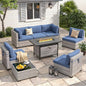 6-Seat Modern Outdoor Wicker Rattan Patio Furniture Set with 55,000 BTU Fire Pit Table, Thick 4″ Cushions, All-Weather Dual-Strand Rattan, Rust-Resistant Steel Frame,Navy