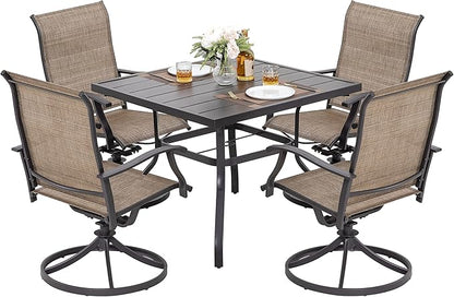 NUU GARDEN Outdoor Patio Dining Set, 4 Swivel Textilene Dining Chairs and 37" Square Dining Table with 1.57'' Umbrella Hole, Powder Coated Iron Frame, for Patio, Garden, Backyard, Black and Brown