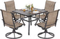 NUU GARDEN Outdoor Patio Dining Set, 4 Swivel Textilene Dining Chairs and 37" Square Dining Table with 1.57'' Umbrella Hole, Powder Coated Iron Frame, for Patio, Garden, Backyard, Black and Brown