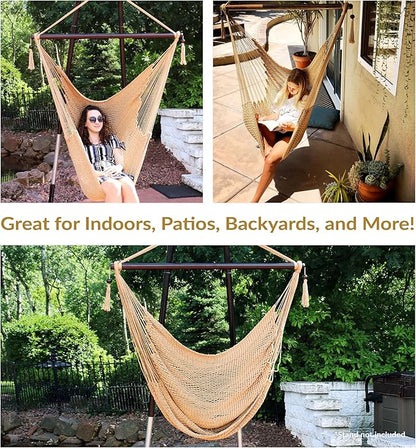 Sunnydaze Outdoor Hammock Chair Swing - Hanging Hammock Swing - Hanging Reading Chair - Soft-Spun Polyester Rope - Caribbean XL - Tan