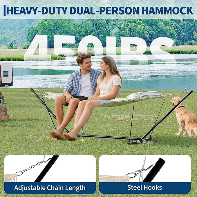Double Hammock with Steel Stand, 143.7 x 55 Inch Portable Design