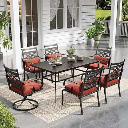 Sophia and William Outdoor Patio Dining Set for 6, Outdoor Table and Chairs, Removable Red Seat Cushions, 4 Fixed，2 Swivel Chairs, 60" Black Patio Dining Table,Red