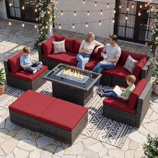 NICESOUL 9 Piece Extra Large Outdoor Patio Furniture Set with Firepit Table Natural Gas/Propane, 29.3'' High Back Gray Wicker Sectional Sofa, Deep Sitting Conversation,2 Color Cushion Burgundy & Gray