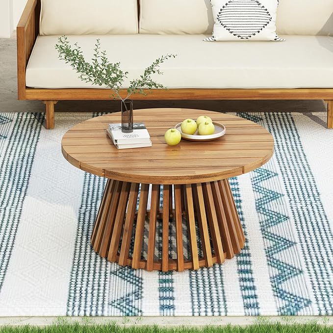 Merax Patio Outdoor Acacia Wood Round Coffee Table for Backyard, Lawn, Balcony, Teak Finish