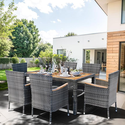 Shintenchi 7 Piece Patio Dining Set, Wicker Patio Conversation Set with Wooden Table Top, Outdoor Table and Chairs with Soft Cushions for Backyard, Deck and Garden, Grey Wicker