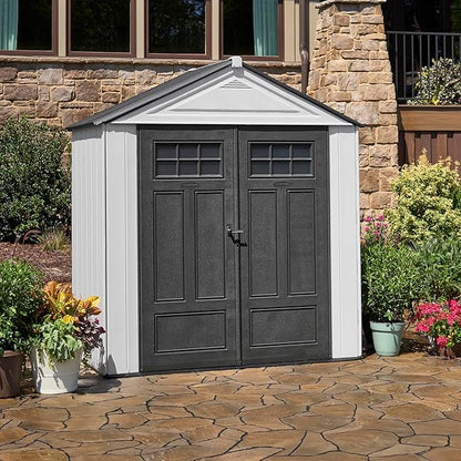 Rubbermaid Resin Outdoor Storage Shed With Floor (7 x 3.5 Ft) Weather Resistant, White, Organization for Home/Backyard/Garden Tools/Lawn Mower/Bike Storage/Pool Supplies