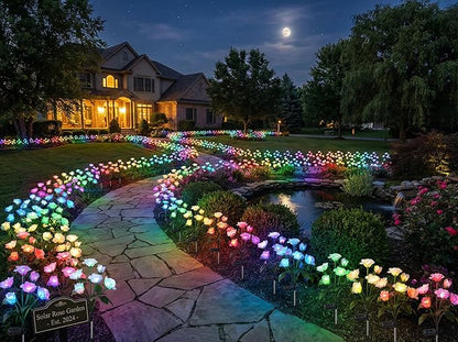 Solar Garden Rose Lights by FANCYPOP, 2 Pack Most Realistic 12 LED Flower Stake Lights, IP65 Waterproof 7 Color Changing Solar Decor for Walkway/Graveyard, Heartwarming Gifts for Grandma & Mom, White