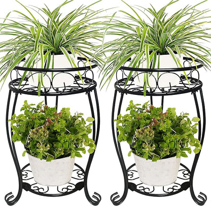 2 Pack 19.2 inch Metal Plant Stand Rack for Round Flower Pot, 2 Tier Potted Holder Indoor Outdoor Rustproof Wrought Iron Heavy Duty Planter Shelf for Corner Living Room Balcony Garden Patio, Black
