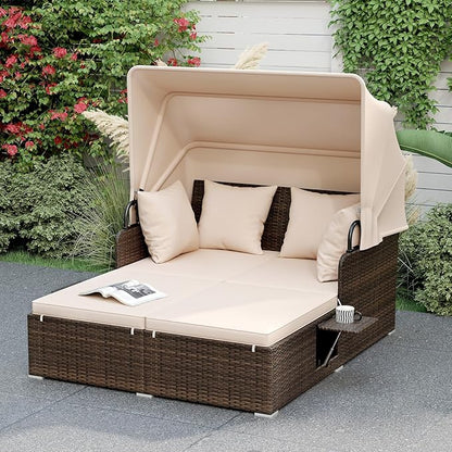 ORALNER Outdoor Daybed, 2-Person Wicker Patio Sofa with Retractable Canopy, Cushions & Pillows, 2 Side Trays, PE Rattan Double Sunbed for Deck Poolside Garden Balcony Backyard (Beige, Mix Brown)