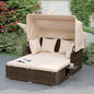 ORALNER Outdoor Daybed, 2-Person Wicker Patio Sofa with Retractable Canopy, Cushions & Pillows, 2 Side Trays, PE Rattan Double Sunbed for Deck Poolside Garden Balcony Backyard (Beige, Mix Brown)