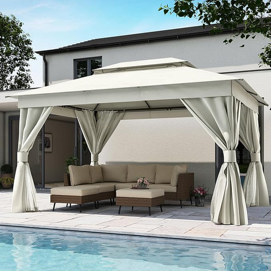 LAUSAINT HOME Semi-Permanent Outdoor Patio Gazebo 10'x13', Heavy Duty Party Tent Shelter with Double Roofs, Mosquito Nettings and Privacy Screens for Backyard, Garden, Lawn, Cream White