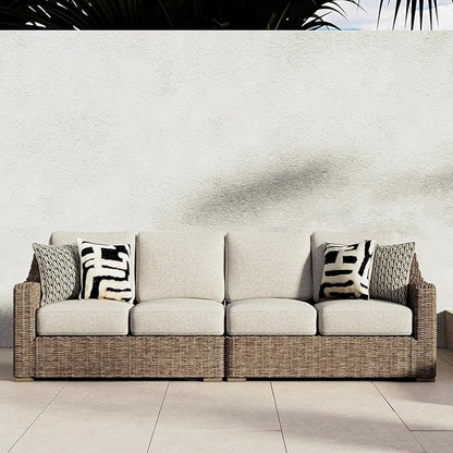 Signature Design by Ashley Beachcroft Outdoor Left & Right Arm Facing Wicker Patio Loveseats, Nuvella Weather Resistant Fabric, Brown & Beige