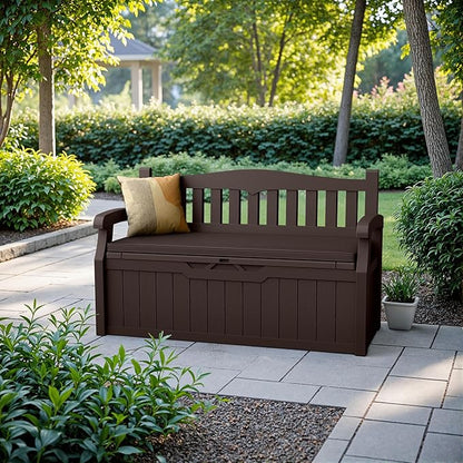 Devoko 80 Gallon Storage Bench with Cushion, Lockable Deck Box for Patio Furniture, Garden Decor and Outdoor Seating for Cushions, Garden Tools and Pool Supplies (Dark Brown, 80 Gallon with Cushion)