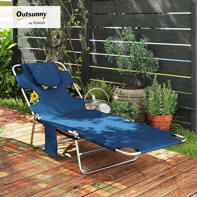 Outsunny Chaise Lounge Chair Outdoor with Face Arm Hole, 5-Position Reclining Face Down Tanning Chair with Carry Strap, Side Pocket, Portable Folding Bed Cot for Patio Beach Pool, Dark Blue