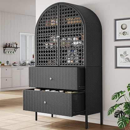 YITAHOME 65 Inch Outdoor Storage Shed, Arched Wicker Stand-Up Pantry with 3 Shelves & 2 Drawers, Rustic Storage Cabinet Patio Furniture for Backyard Garden Patio Lawn (Black)