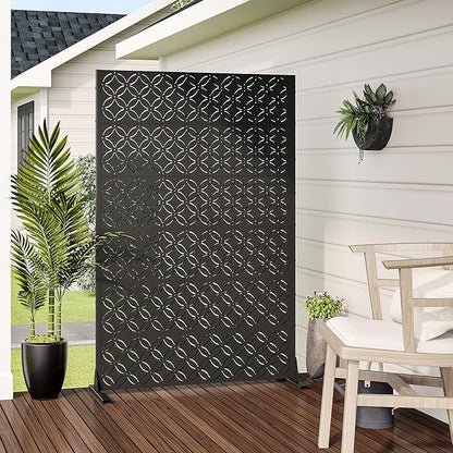 Casaphoria Metal Privacy Screen Outdoor, 72" H x 47" W Freestanding Decorative Privacy Screen for Patio Deck Balcony Garden with Stable Base, Palace Black