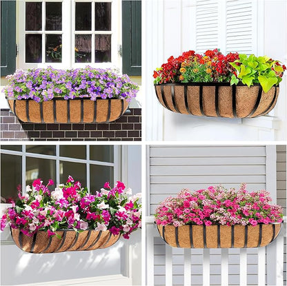 4pcs 30" Window Box Deck Railing Planter with Coco Liner, Metal Hanging Flower Planter Window Basket, Wall Planters Boxes with Horse Trough Coco Liner for Outdoor Indoor Balcony Porch Fence