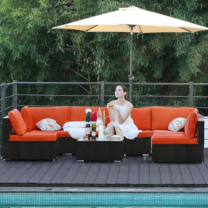 7-Piece Patio Furniture Set - Outdoor Sectional Sofa Set with Cushions and Glass-Top Coffee Table for Gardens, Poolside, Backyards and Porches, Black/Orange