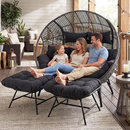 NICESOUL Luxury Double Egg Chair with Footrest & Cushions, Two Person Wicker Eggshell Chair Large with Ottoman, 2 Person Loveseat Comfort Deep Seating for Interiors Exteriors Balcony Dark Gray