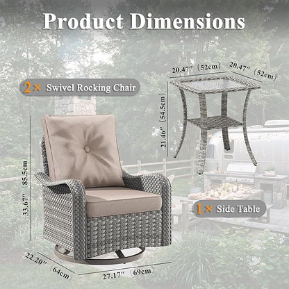 2-Seat Modern Patio Furniture Set with Swivel Rocking Chairs, Thick 4″ Cushions, Dual-Strand Wicker Rattan, Rust-Resistant Steel Frame – Outdoor Conversation & Modular Sectional,Beige