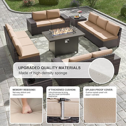 Kullavik 13PCS Outdoor Patio Furniture Set with 43" 55000BTU Gas Propane Fire Pit Table PE Wicker Rattan Sectional Sofa Patio Conversation Sets,Sand