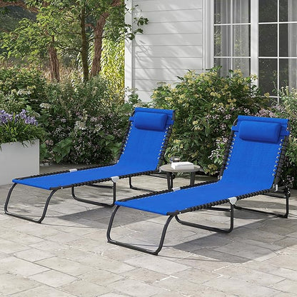 Outsunny Folding Chaise Lounge Chair Set of 2, Patio Sun Tanning Chair, Outdoor Chaise Lounger with 4-Position Reclining Back, Breathable Mesh Seat for Beach, Poolside, Yard, Blue