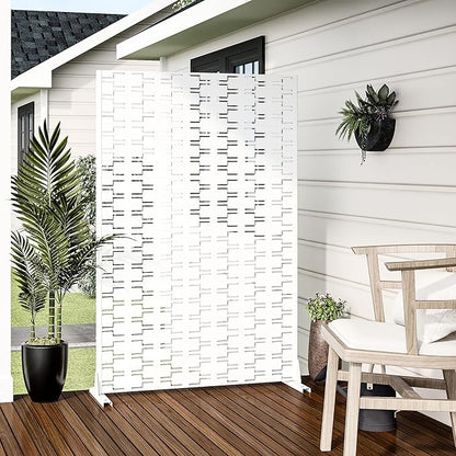 Casaphoria Metal Privacy Screen Outdoor, 72" H x 47" W Freestanding Decorative Privacy Screen for Patio Deck Balcony Garden with Stable Base, White-Brick