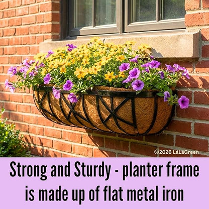 LaLaGreen 24 Inch, 2 Pack Window Boxes Planters – Black Metal Window Boxes for Outdoor Plant, Wall Mount Flower Pot with Coco Coir Liner, Attach to House Fence Balcony Herb for Patio Porch Garden