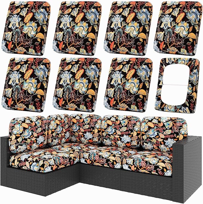 Outdoor Cushion Covers, 8-Piece Floral Stretch Set with Non-Slip Straps
