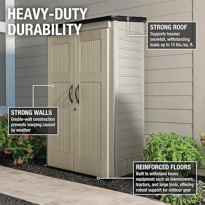 Rubbermaid Vertical Resin Outdoor Storage Shed With Floor (4 x 2.5 Ft) Weather Resistant Beige/Brown Organization for Home/Backyard/Pool Chemicals/Toys/Garden Tools/Porch/Patio Cushions