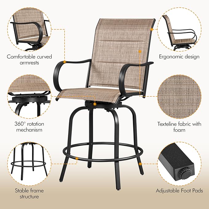 Yaheetech 4 Piece Patio Swivel Bar Stools Texteline Bistro Chairs with High Back/Armrest/Footrest, All Weather Padded Seating Outdoor Furniture Height Outdoor Chairs for Outside, Lawn & Garden