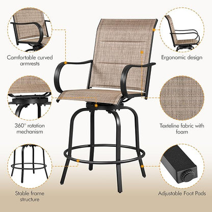 Yaheetech 4 Piece Patio Swivel Bar Stools Texteline Bistro Chairs with High Back/Armrest/Footrest, All Weather Padded Seating Outdoor Furniture Height Outdoor Chairs for Outside, Lawn & Garden