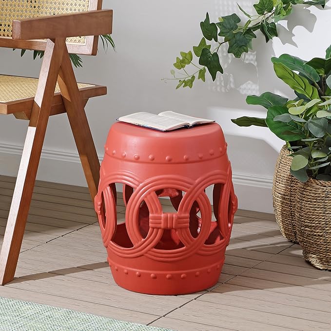 Decorative Garden Stool, Matte Coral Ceramic Plant Stand, 16 Inch