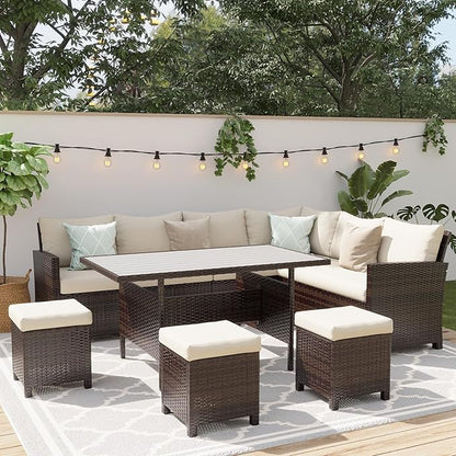 Wisteria Lane 7 Piece Patio Furniture Set, High Curved Back Wicker Patio Sectional, All Weather Outdoor Dining Set, Outdoor Furniture Patio Conversation Set with Ottoman, Brown