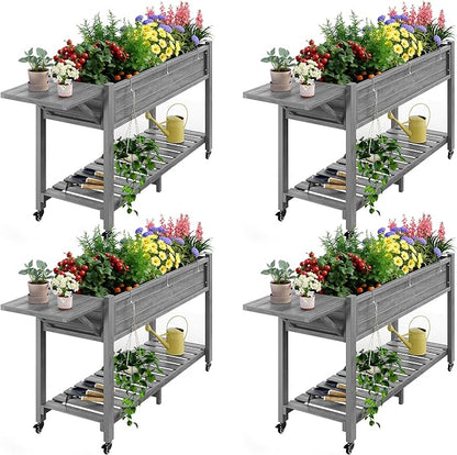 YEFU Raised Garden Bed with Legs: 57x18x30in Elevated Poly Planter with Wheels,Waterproof Mobile Raised Bed Garden, Elevated Planter Box Stand with Storage Shelf,for Deck,Patio,Porch,Yard (Grey,4pcs)