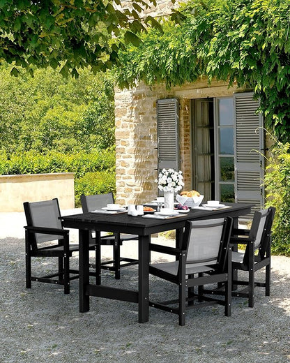 SERWALL Patio Dining Sets for 6, Outdoor HDPE Dining Set with Umbrella Hole Cut-Out Table and 6 Woven Chairs, Black