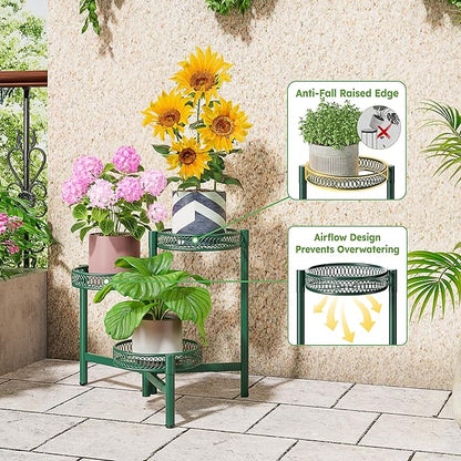 Plant Stand Indoor Outdoor, 3 Tier Corner Metal Flower Display Holder Shelf, Folding Tall Plant Rack for House Patio Balcony Porch Garden Living Room, Heavy Duty Anti-Rust Wrought Iron - GreenFlower