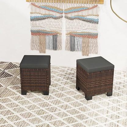 Outsunny 2 Pieces Outdoor Patio Ottomans, All Weather Wicker Outdoor Footstools with Removable Cushions, 3-in-1 PE Rattan Ottoman Seat, Footrest and Side Table for Backyard, Poolside, Gray