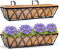 HFHOME 24 inch Window Deck Rail Planter Including Coco Liner, 24" Dia Window Box Horse Trough with Coconut Coir Liners, Black Metal Hanging Flower Planter Basket for Indoor Outdoor Lawn - Set of 2
