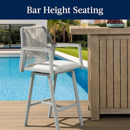 Best Choice Products Outdoor Bar Stools Set of 2, Bar Height, 360° Swivel Aluminum Frame, All-Weather Woven Rope Chair Design w/Armrests - Gray/Meteor