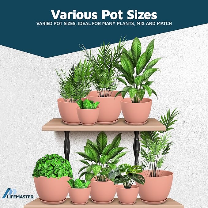 Planter Pots with Drainage Holes - Lightweight, Durable, and Space-Saving Pots for Indoor and Outdoor - Versatile Functionality, Simple Modern Design, Set of 5 Plastic Planter Pots - Pink