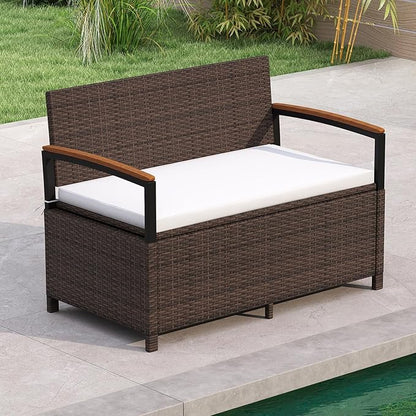 Storage Bench, 2-Person Brown PE Rattan with 46-Gallon Storage