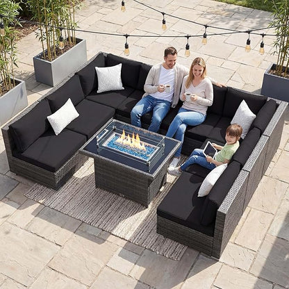 NICESOUL 9 Piece Extra Large Outdoor Patio Furniture Conversation Set with Fire Pit Natural Gas/Propane, 29.3'' High Back Modular Deep Seat Sectional Sofa Set for Outside, 2 Color Cushion Black&Gray