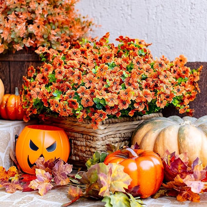 Artificial Fall Flowers Outdoor Fake Mums - 16 Bundles Fake Plants UV Resistant No Fade Faux Plastic Greenery Garden Porch Patio Fall Home Decor (Red Orange16)