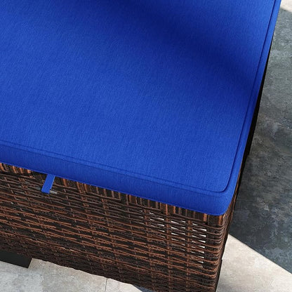 Outsunny 2 Pieces Outdoor Patio Ottomans, All Weather Wicker Outdoor Footstools with Removable Cushions, 3-in-1 PE Rattan Ottoman Seat, Footrest and Side Table for Backyard, Poolside, Dark Blue