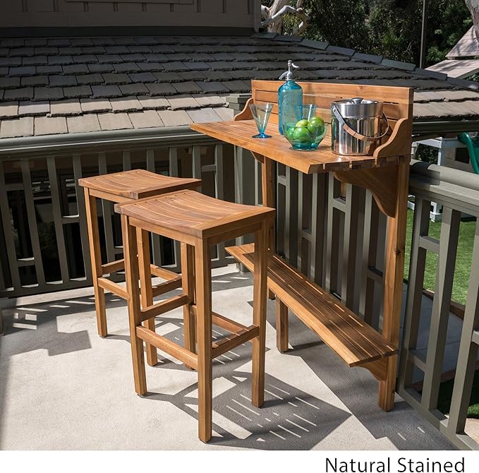 Bar Set, Acacia Wood Balcony Table and 2 Stools, 3-Piece Natural Finish