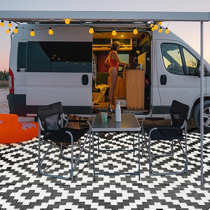 SAND MINE Waterproof Outdoor Rug 6x9 ft, Reversible Mats, Modern Area Rug, Large Floor Mat and Rug for Outdoors, RV, Patio, Backyard, Deck, Picnic, Beach, Trailer, Camping, Black & White Lattice